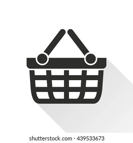 Shopping basket vector icon with long shadow. Black illustration isolated on with background for graphic and web design.