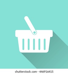 Shopping basket vector icon with long shadow. White illustration isolated on green background for graphic and web design.