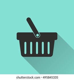 Shopping basket vector icon with long shadow. black Illustration isolated on green background for graphic and web design.