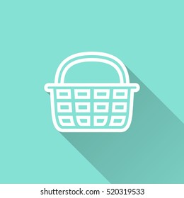 Shopping basket vector icon with long shadow. White illustration isolated on green background for graphic and web design.