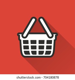 Shopping basket vector icon with long shadow. Illustration isolated on red background for graphic and web design.