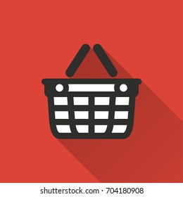 Shopping basket vector icon with long shadow. Illustration isolated on red background for graphic and web design.