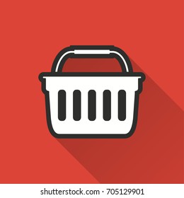 Shopping basket vector icon with long shadow. Illustration isolated on red background for graphic and web design.