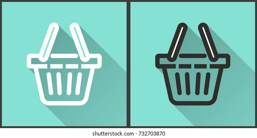 Shopping basket vector icon with long shadow. Illustration isolated on green background for graphic and web design.