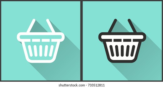 Shopping basket vector icon with long shadow. Illustration isolated on green background for graphic and web design.