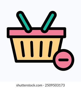 Shopping Basket Vector Icon, Remove From Basket, Shopping With Basket Sign. Isolated Lineal Color Vector Icon.
