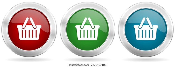 Juego de iconos vectoriales de la cesta de compras. Botones de web metálicos de plata roja, azul y verde con borde cromado