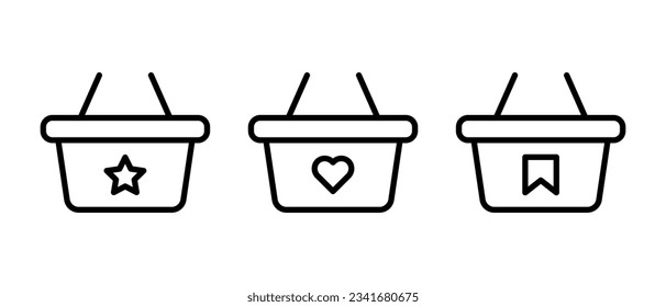 Juego de iconos vectoriales de la cesta de compras. Compra de esquema de tienda, símbolo de venta minorista