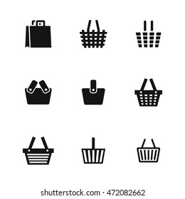 Shopping basket vector icons. Simple illustration set of 9 shopping basket elements, editable icons, can be used in logo, UI and web design