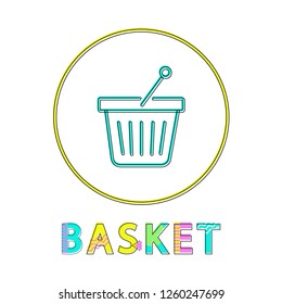 Shopping basket vector illustration in linear outline style. Pottle for shop symbol, gadget concept and website design simple line icon in circle