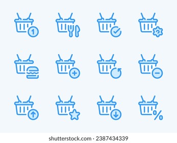 Shopping basket vector line icons. Supermarket and Grocery basket outline icon set. Food, Purchase Returns, Discount, Settings, Notification and more.