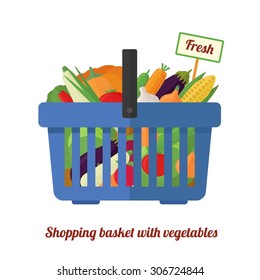 Shopping basket with vegetables. Shopping cart with fresh healthy food flat design vector illustration