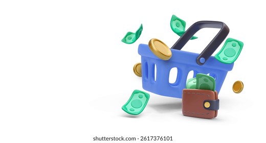 Shopping Basket With Wallet, Cash, And Coins In 3D Cartoon Style. Concept Of Spending, E-Commerce, Or Online Purchase With Money Flow. Clean Minimal Look. Vector Illustration.