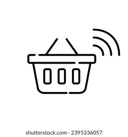 Cesta de compras con símbolo wifi. Pedidos por Internet. Trazo de píxeles perfecto, editable