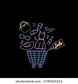 Shopping basket with women's clothing and accessories. Neon advertising banner to Black Friday sale.