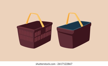 Shopping baskets arranged at the entrance of a market, empty and ready for use. Flat and minimalist design showing neat, practical organization.