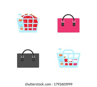 Shopping baskets and bags flat color vector objects set. Glamour pink female bag. Full groceries basket. Isolated cartoon illustration for web graphic design and animation collection