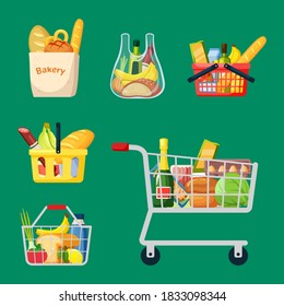 Shopping baskets and bags set. Grocery plastic metal containers with wheels and handles ripe yellow bananas smoked salami bread products cheese and bottle of white wine. Hearty cartoon vector.