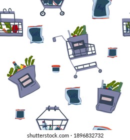 Shopping baskets, bags and trolley seamless pattern. Can use for web banner, infographics, hero images. Flat isometric vector illustration isolated on white background.