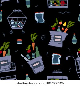 Shopping baskets, bags and trolley seamless pattern. Can use for web banner, infographics, hero images. Flat isometric vector illustration isolated on black background.