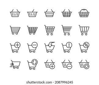 Juego de iconos de línea plana de cestas de compras y carros. Colección de varios iconos de carrito en varias formas. Simple ilustración vectorial plana para sitio web o aplicación móvil.