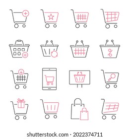 conjunto de iconos de cestas de compras y carros.  cestas de compras y carros empaque elementos vectores para web infográfica