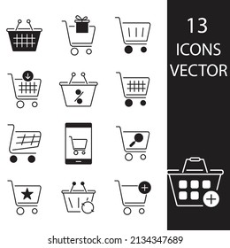 Warenkorb- und Warenkorb-Symbole . Einkaufskorb und Karren Packen Vektorelemente für Infografiken