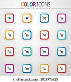 Shopping baskets and carts vector flat button icons with colored outline and shadow