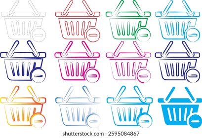 Shopping baskets, colorful icons, simple line drawings, retail symbols, e-commerce elements, digital clipart, minimalist design, pastel colors, repetitive pattern, flat graphic style, consumer goods r