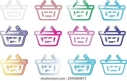 Shopping baskets, colorful icons, simple line drawings, retail symbols, e-commerce elements, digital clipart, minimalist design, pastel colors, repetitive pattern, flat graphic style, consumer goods r