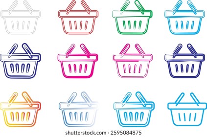 Shopping baskets, colorful icons, simple line drawings, retail symbols, e-commerce elements, digital clipart, minimalist design, pastel colors, repetitive pattern, flat graphic style, consumer goods r