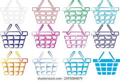 Shopping baskets, colorful icons, simple line drawings, retail symbols, e-commerce elements, digital clipart, minimalist design, pastel colors, repetitive pattern, flat graphic style, consumer goods r