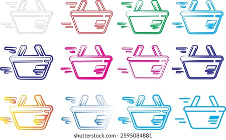 Shopping baskets, colorful icons, simple line drawings, retail symbols, e-commerce elements, digital clipart, minimalist design, pastel colors, repetitive pattern, flat graphic style, consumer goods r