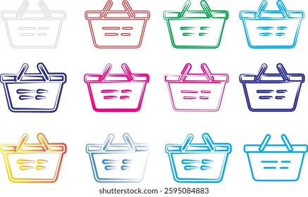 Shopping baskets, colorful icons, simple line drawings, retail symbols, e-commerce elements, digital clipart, minimalist design, pastel colors, repetitive pattern, flat graphic style, consumer goods r