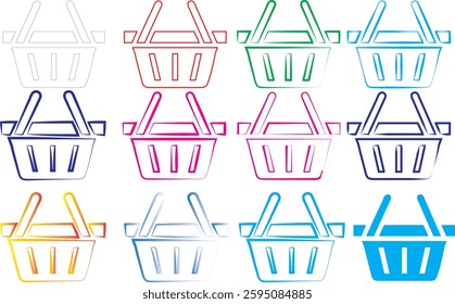 Shopping baskets, colorful icons, simple line drawings, retail symbols, e-commerce elements, digital clipart, minimalist design, pastel colors, repetitive pattern, flat graphic style, consumer goods r