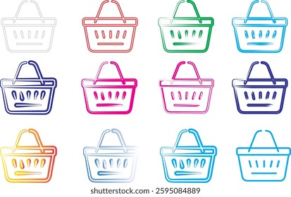 Shopping baskets, colorful icons, simple line drawings, retail symbols, e-commerce elements, digital clipart, minimalist design, pastel colors, repetitive pattern, flat graphic style, consumer goods r