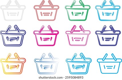 Shopping baskets, colorful icons, simple line drawings, retail symbols, e-commerce elements, digital clipart, minimalist design, pastel colors, repetitive pattern, flat graphic style, consumer goods r