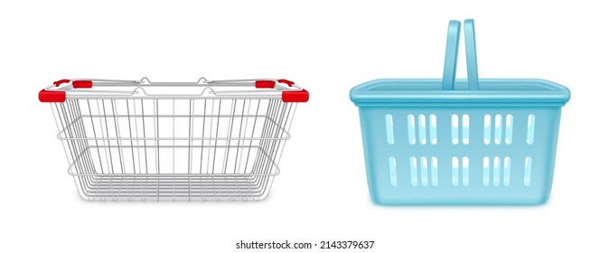 Shopping baskets, empty supermarket metal and plastic carts with handles. Isolated customers equipment for purchasing in retail shop side view, grocery store object, Realistic 3d vector illustration