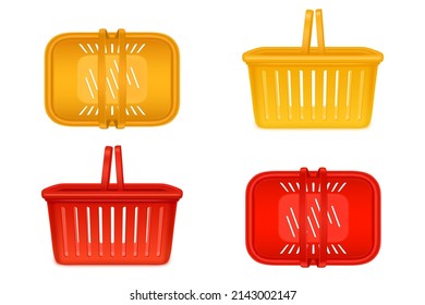 Shopping baskets, empty supermarket plastic carts with handles. Isolated customers equipment for purchasing in retail shop top and side view, grocery and store market, Realistic 3d vector illustration