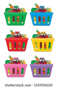 shopping baskets filled with vegetables isolated on white background