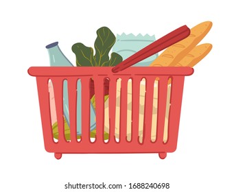 Shopping baskets full of organic and healthy food, isolated icon vector. Groceries, milk bottle and French baguettes, beetroot and lettuce. Bakery and dairy products, vegetables and packs in carrier