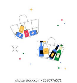 Shopping Baskets With Groceries and Beverages in Flat Vector Illustration Symbolizing Retail Shopping, Food Supplies, and Supermarket Purchases, Isolated on White Background.