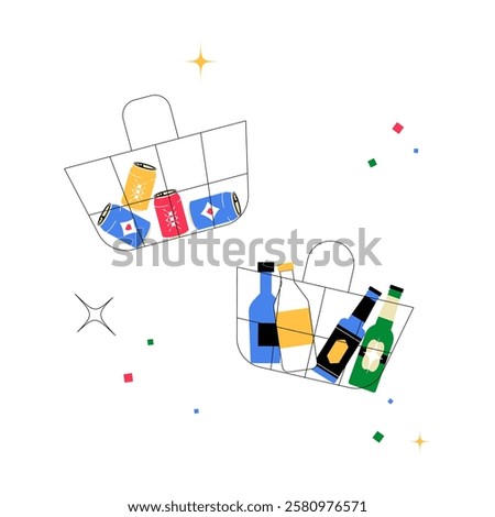 Shopping Baskets With Groceries and Beverages in Flat Vector Illustration Symbolizing Retail Shopping, Food Supplies, and Supermarket Purchases, Isolated on White Background.