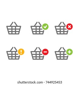 Shopping Baskets icon collection (add, remove, cancel, delete, warning) simple flat design for app, ui, ux, web, button, interface glyph pictogram elements, graphic vector isolated on white background