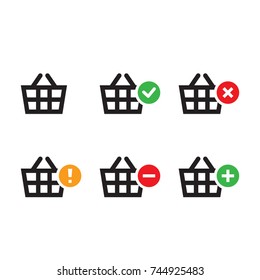 Shopping Baskets icon collection (add, remove, cancel, delete, warning) simple flat design for app, ui, ux, web, button, interface vector isolated on white background