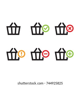 Shopping Baskets icon collection (add, remove, cancel, delete, warning) simple flat design for app, ui, ux, web, button, interface glyph pictogram elements, graphic vector isolated on white background