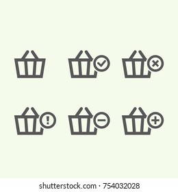 Shopping Baskets icon collection (add, remove, cancel, delete, warning) simple flat design for app, ui, ux, web, button, interface glyph pictogram elements, graphic vector isolated on white background