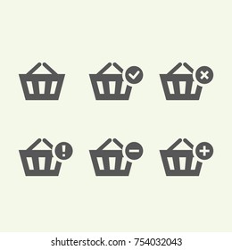 Shopping Baskets icon collection (add, remove, cancel, delete, warning) simple flat design for app, ui, ux, web, button, interface glyph pictogram elements, graphic vector isolated on white background