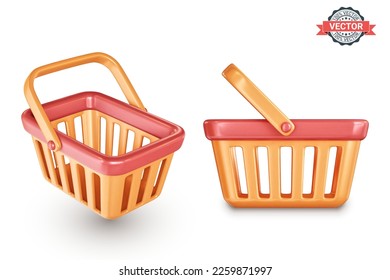 Shopping baskets. Icon set on white background, side view and perspective view. Realistic 3D vector illustration