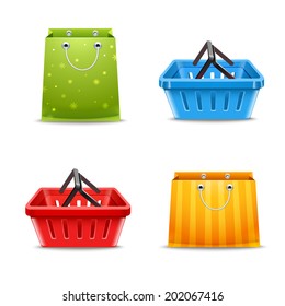 Shopping baskets and paper gift bags decorative set isolated vector illustration